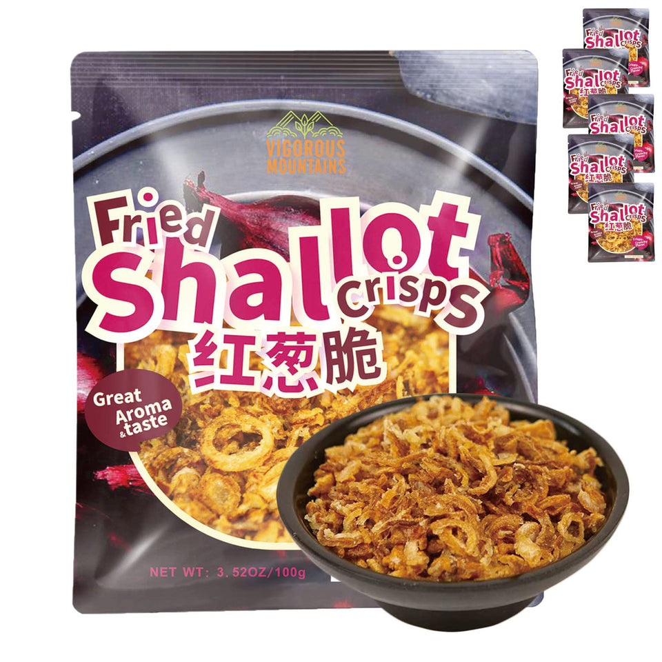 VIGOROUS MOUNTAINS Pure Fried Shallot Crisps pack front view enhances Asian dishes with savory crunch.