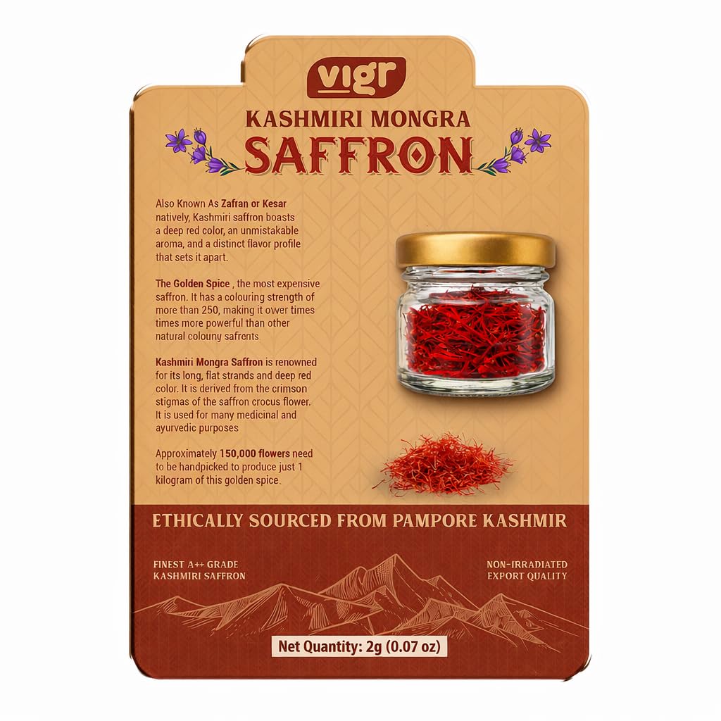 Vigr Kashmiri Mongra saffron threads closeup showing vibrant color and aroma.