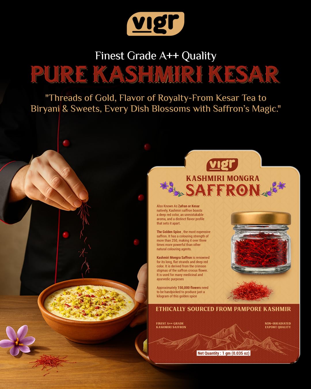 Vigr AYUSH lab-certified saffron badge reflects authenticity and quality.