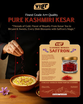Vigr AYUSH lab-certified saffron badge reflects authenticity and quality.