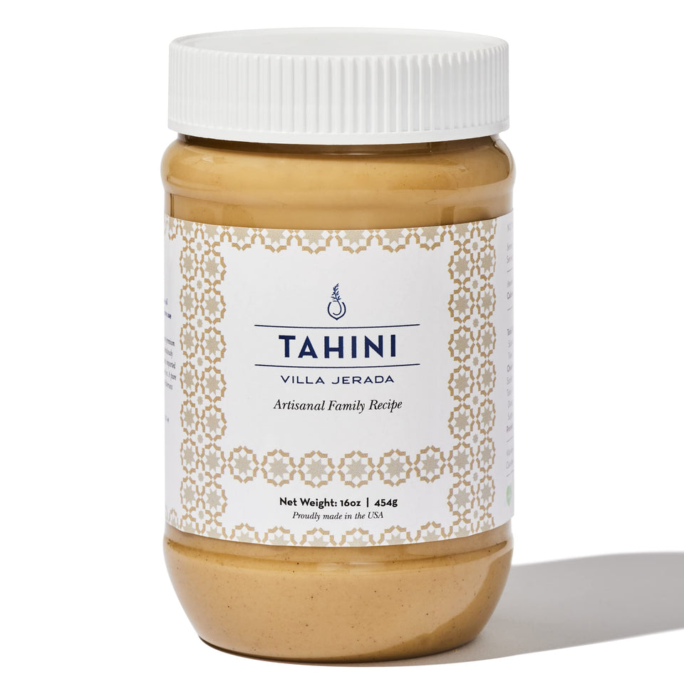 Villa Jerada tahini 16oz jar highlighting creamy texture for spreads and hummus.