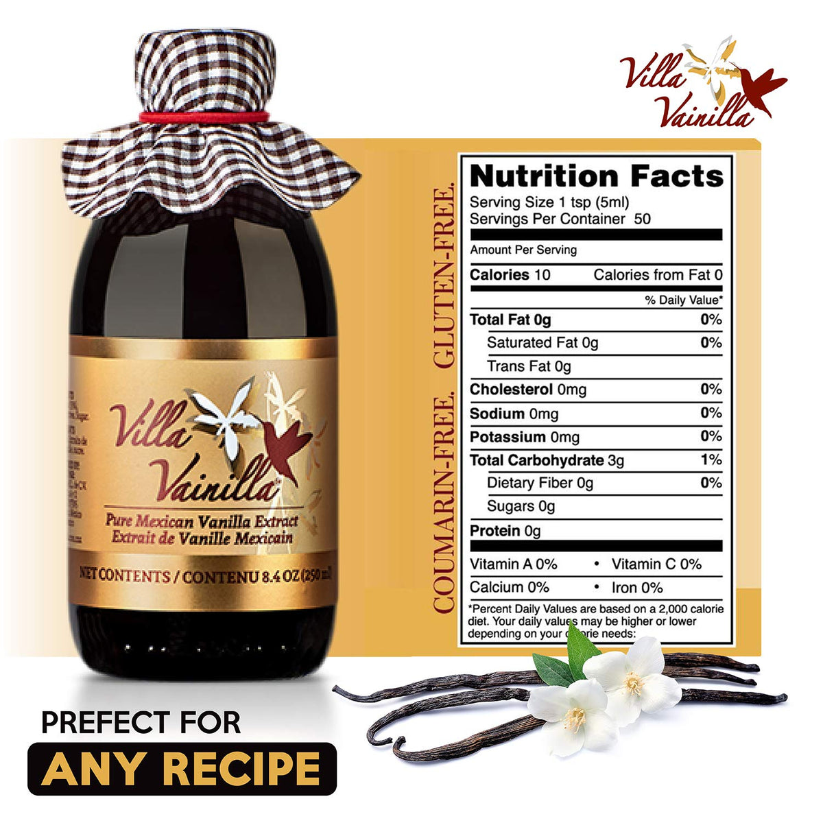 Villa Vainilla Pure Vanilla Extract amber essence, highlighting rich aroma for desserts and coffee.