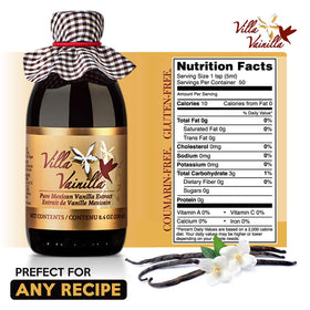 Villa Vainilla Pure Vanilla Extract amber essence, highlighting rich aroma for desserts and coffee.