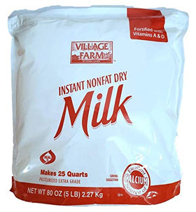 Village Farm instant nonfat dry milk bag ready for easy rehydration and cooking.