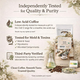 Village Favorites 100% Arabica beans close-up highlighting smooth, mellow profile