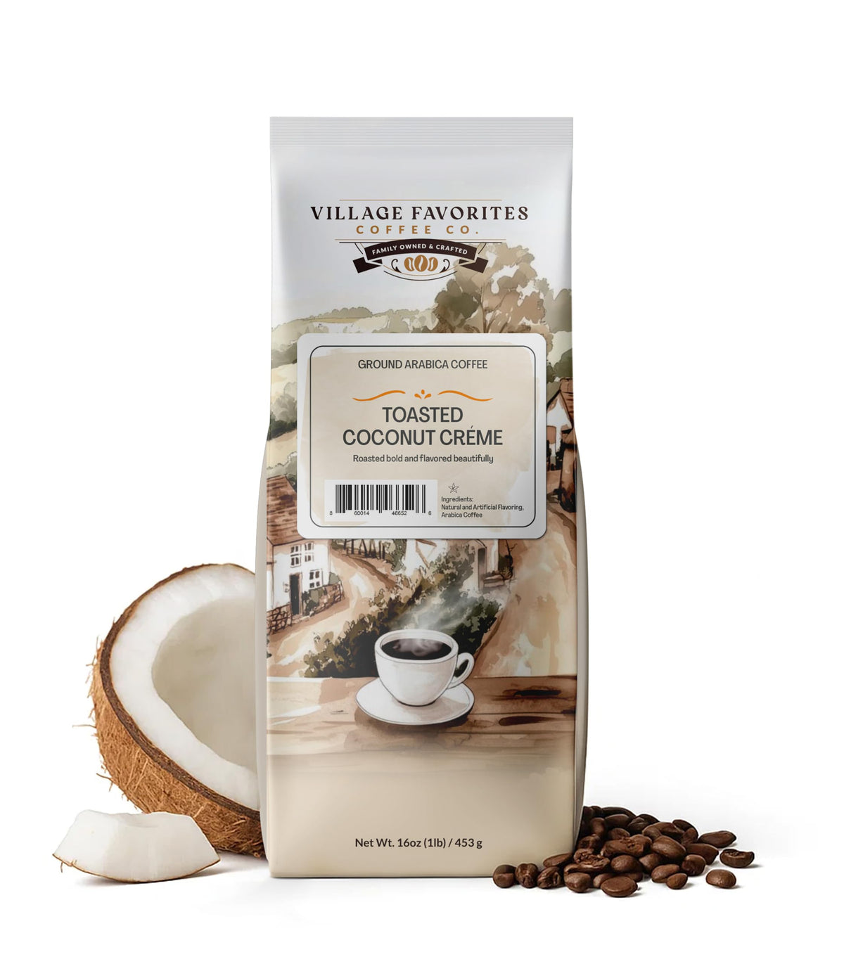 Village Favorites flavored coffee low acid beans in a smooth cup