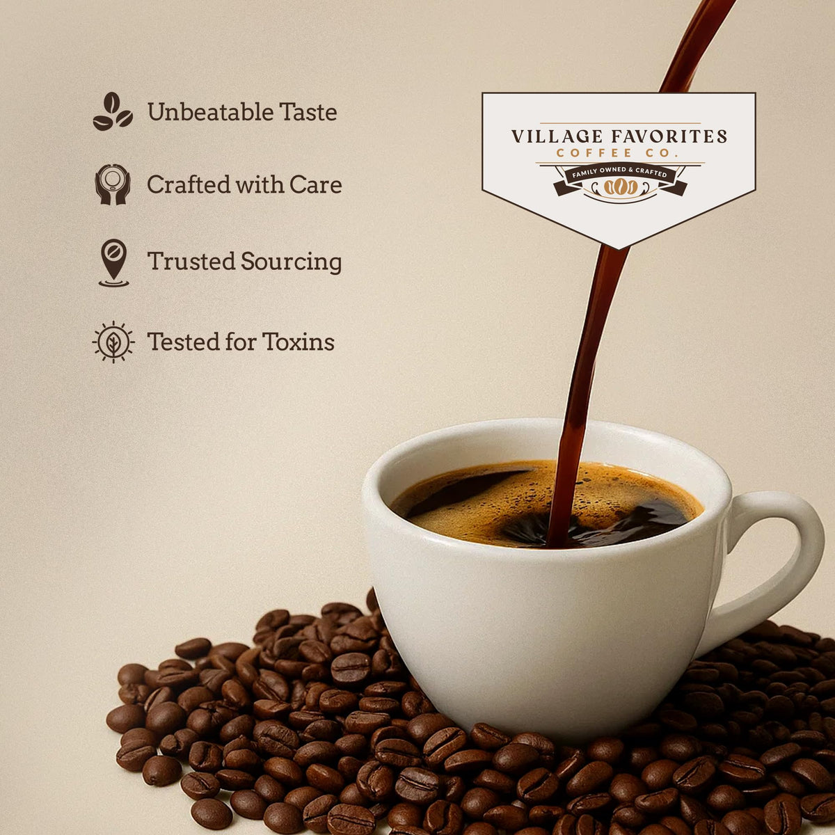 Village Favorites Kosher-certified coffee label signals trusted quality.