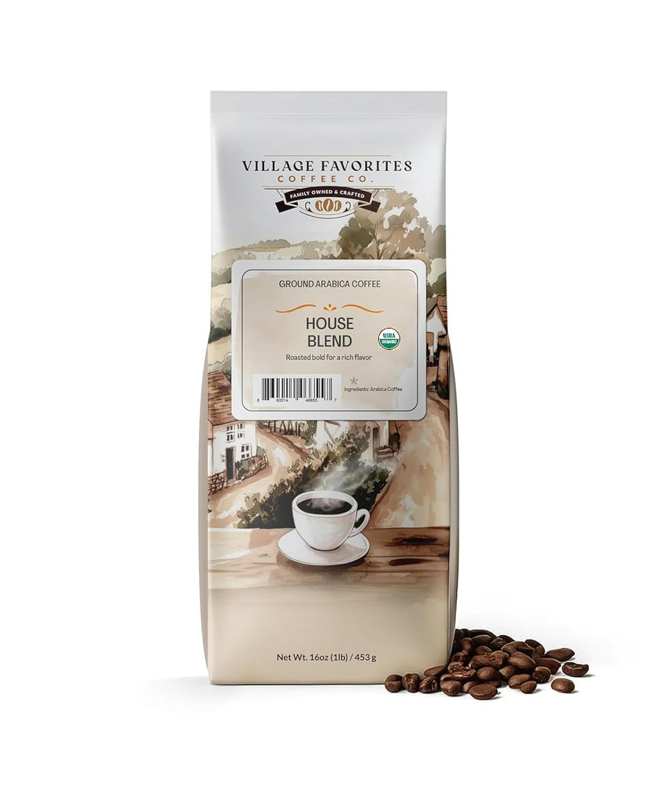 Village Favorites Low Acid Coffee bag front shows fresh packaging for peak flavor
