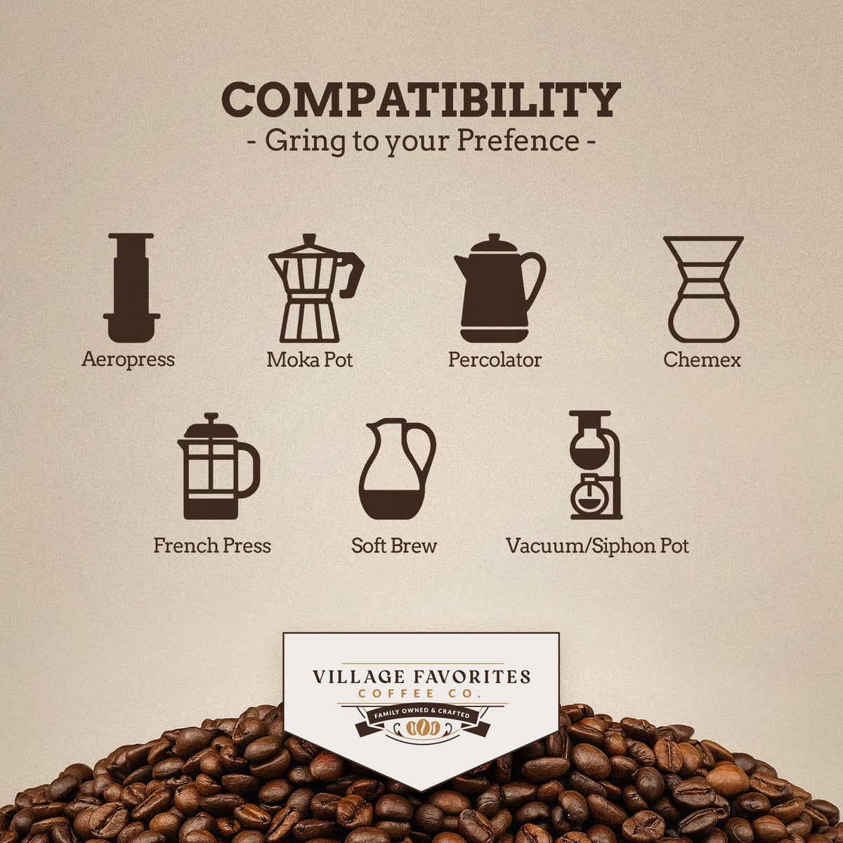 Village Favorites Toasted Coconut Creme ground coffee hints of tropical sweetness.