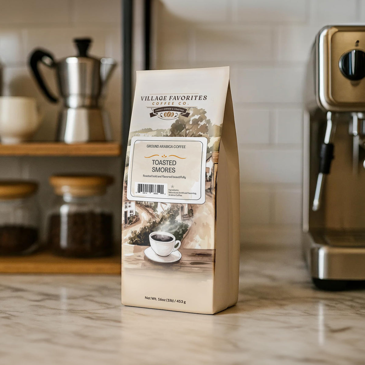 Village Favorites Toasted S'mores ground coffee evokes campfire sweetness.
