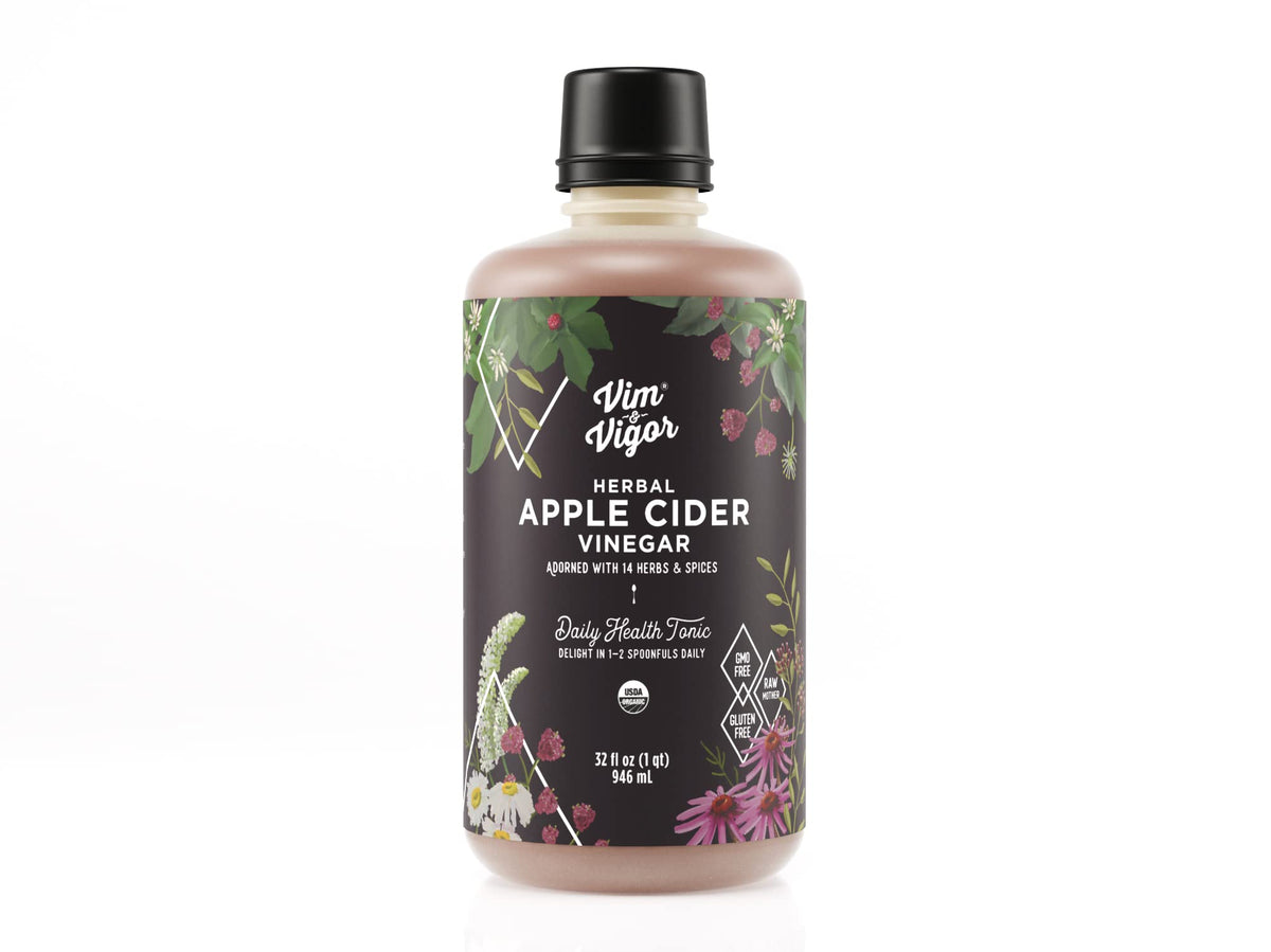 Vim & Vigor tonic bottle showcases organic ACV with herbs for a refreshing daily ritual.
