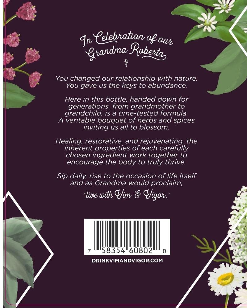 Close-up of Vim & Vigor label emphasizing USDA Organic ingredients and The Mother.