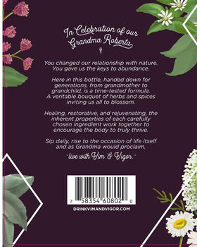 Close-up of Vim & Vigor label emphasizing USDA Organic ingredients and The Mother.