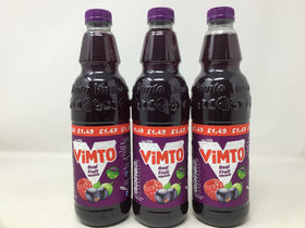 Vimto Squash bottle label displays mixed fruit flavor and three-pack packaging.