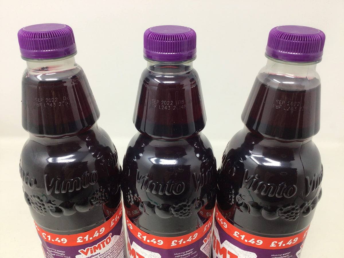Three-pack Vimto Squash bottles, convenient for family servings.