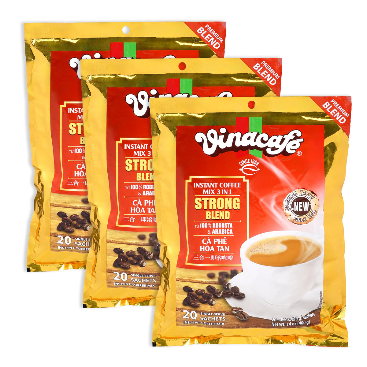 Vinacafe Gold Red Strong Blend cup with steam, bold flavor to start your day.