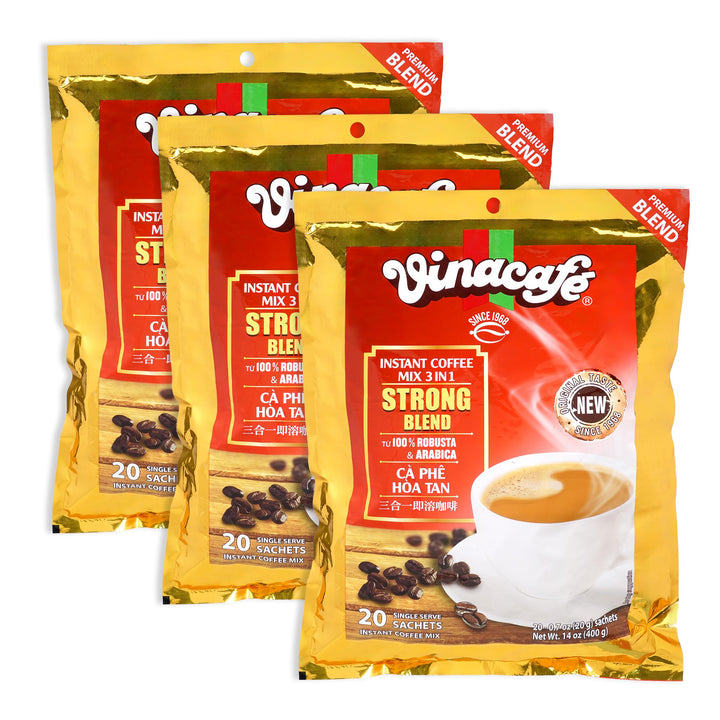 Vinacafe Gold Red Strong Blend cup with steam, bold flavor to start your day.