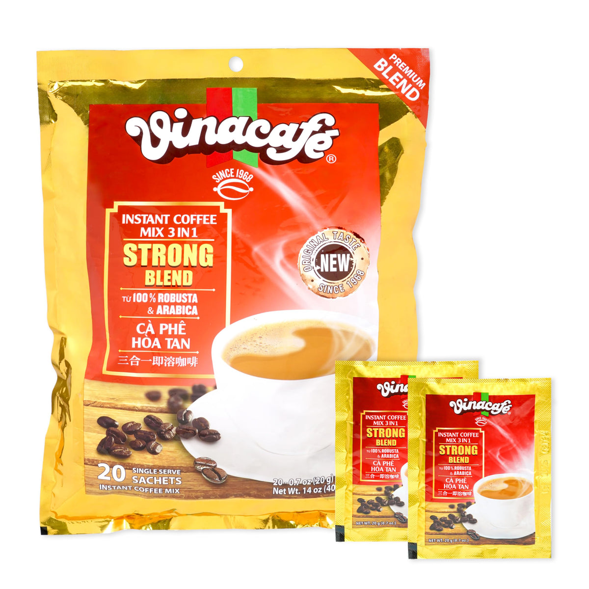 Vinacafe Gold Red Strong Blend sachets ready for quick, bold Vietnamese coffee at home