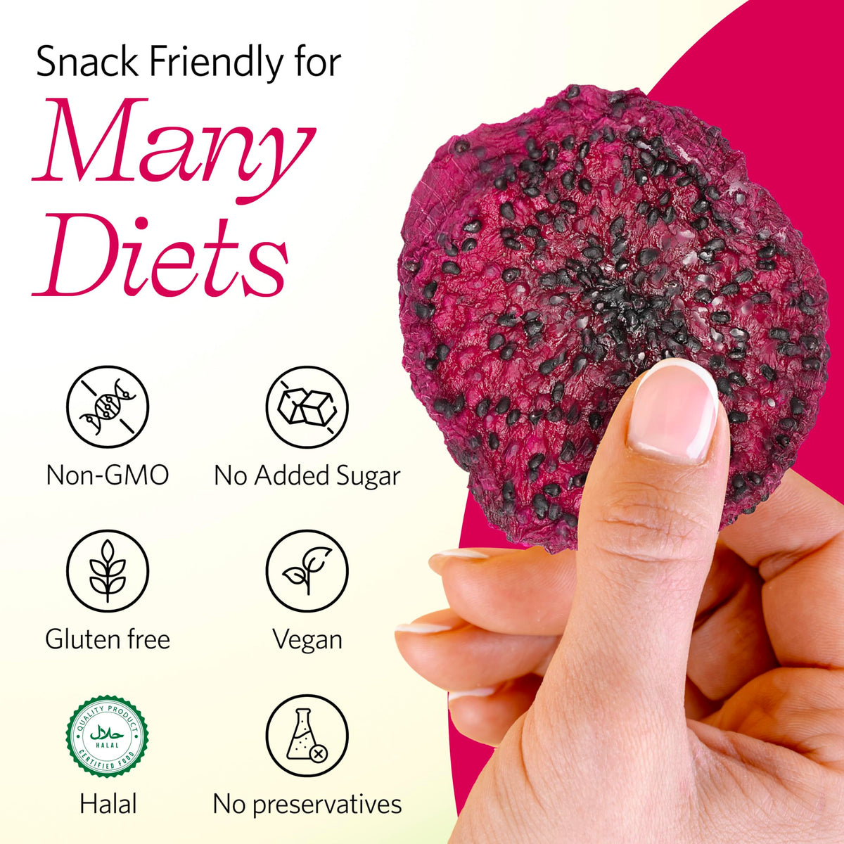 Vinamit dragon fruit slices in resealable bag show portability and freshness.