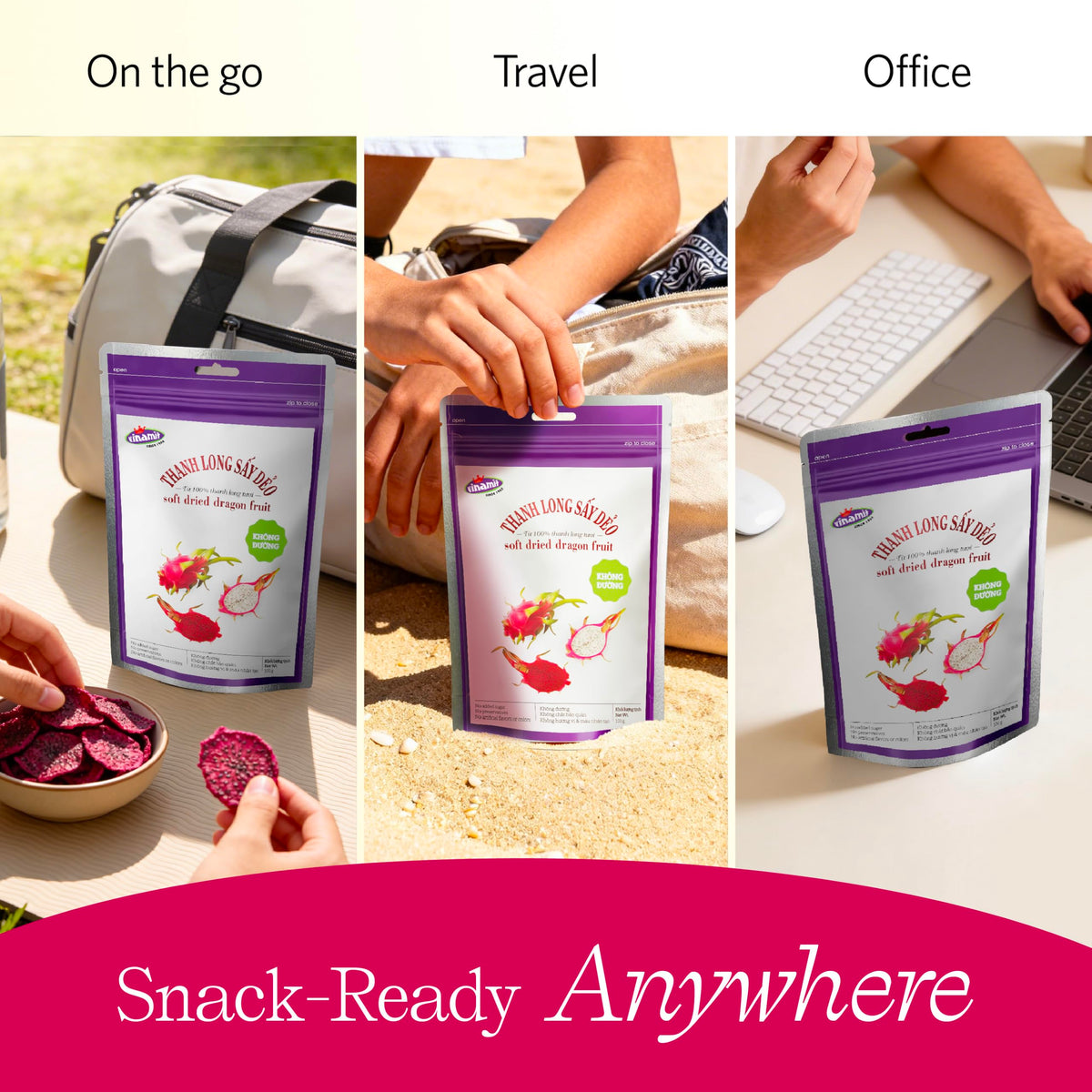 Vinamit dragon fruit slices smoothie add-ons showcase versatile breakfast options.