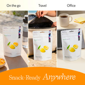 Vinamit dried mango in resealable pouch; long shelf life for hiking trips.