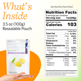 Vinamit dried mango pieces in a jar; convenient gluten-free snack for office.