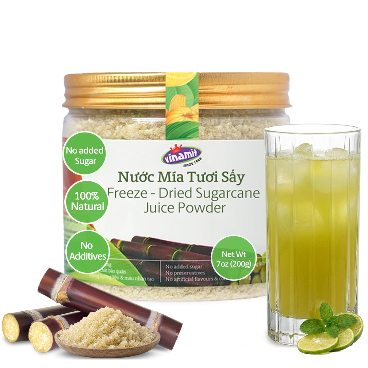 Vinamit freeze-dried sugarcane juice powder bottle shows pure aroma for versatile sweetening