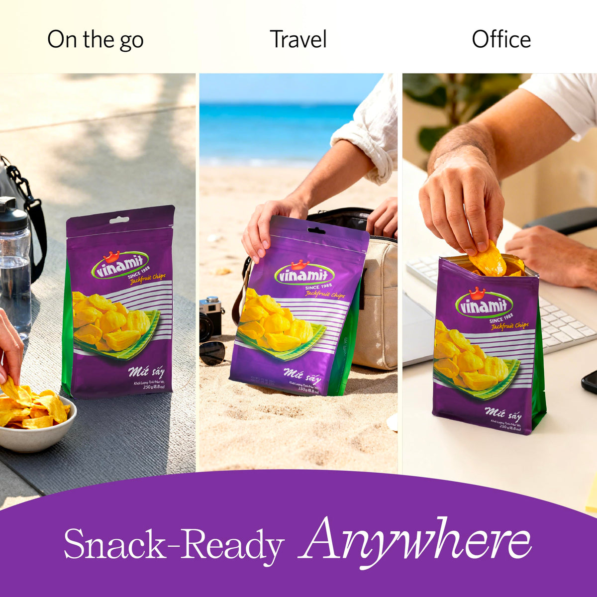 Vinamit Ripened Jackfruit Chips packaged as travel-friendly, long-lasting snack for trips.