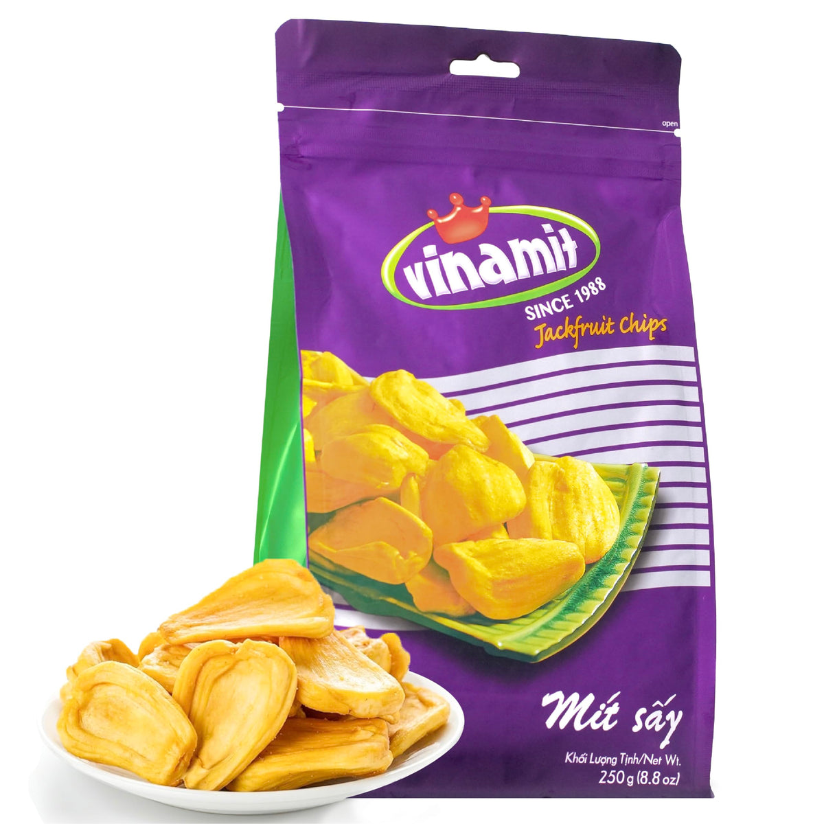 Vinamit Ripened Jackfruit Chips in a bag offering natural sweetness and gluten-free appeal.