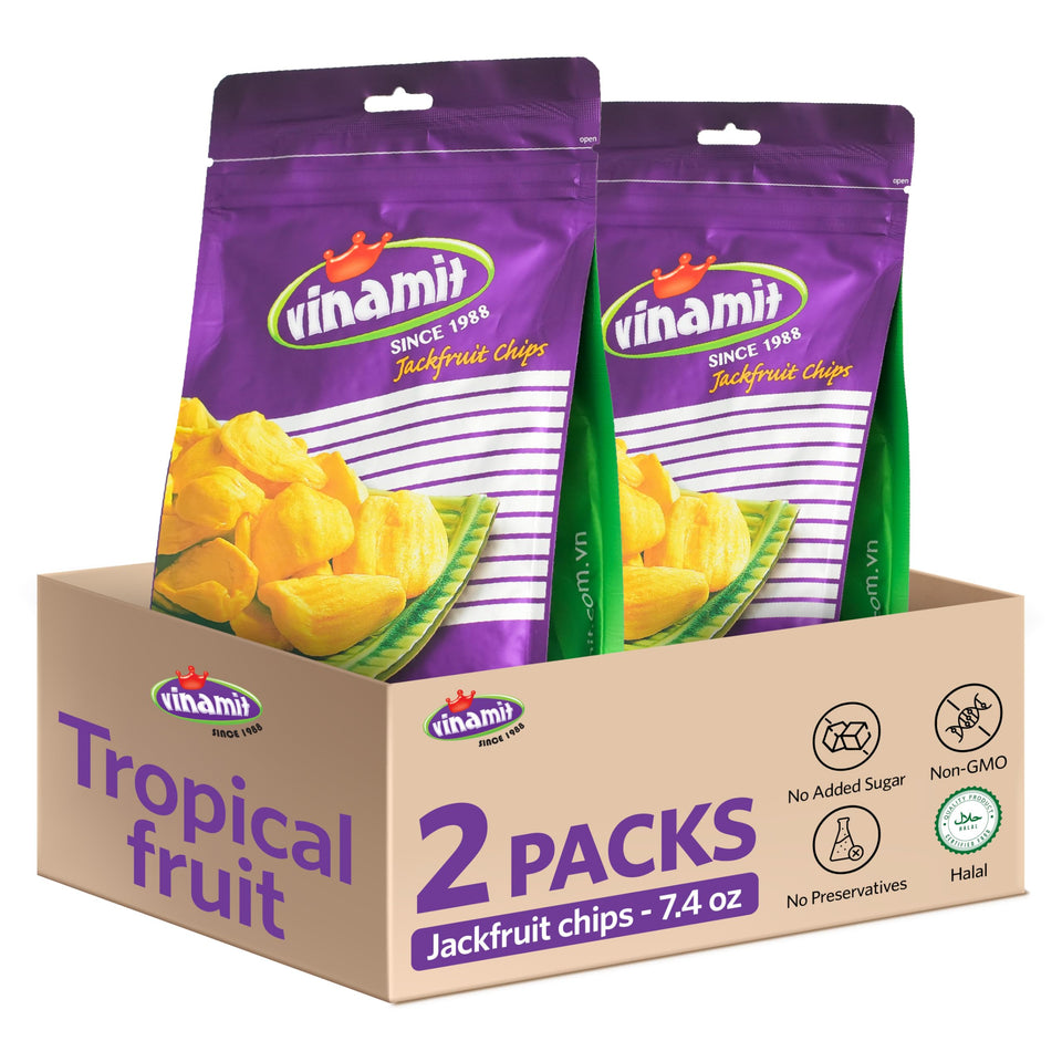 Vinamit ripened jackfruit chips in a 7.4 oz pack for easy on-the-go snacking.