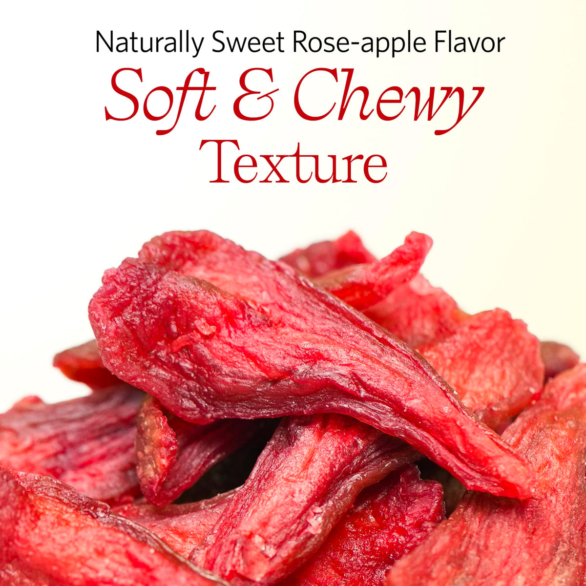 Vinamit rose-apple chips closeup highlights vibrant color and tropical flavor.