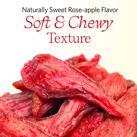 Vinamit rose-apple chips closeup highlights vibrant color and tropical flavor.