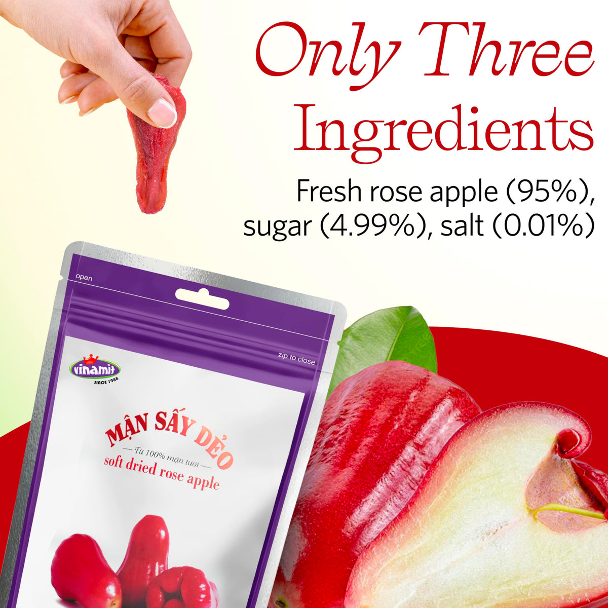 Vinamit rose-apple snack pack showcases portable, naturally sweet fruit for quick, wholesome bites.