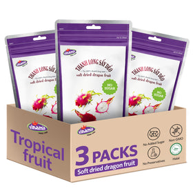 Vinamit soft dried dragon fruit slices in a resealable bag highlight natural color and no added sugar.