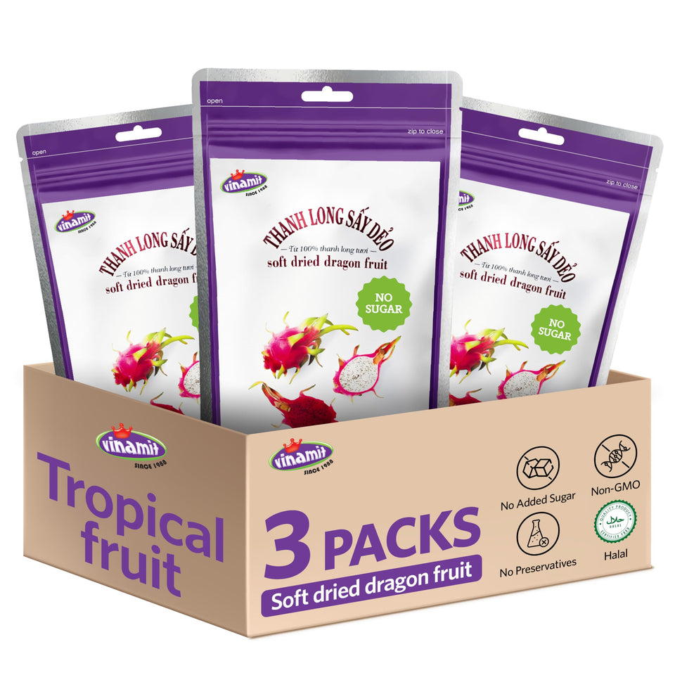 Vinamit soft dried dragon fruit slices in a resealable bag highlight natural color and no added sugar.