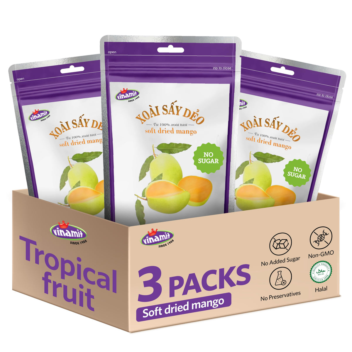 Vinamit soft dried mango bag front, ideal for on-the-go healthy snacking.