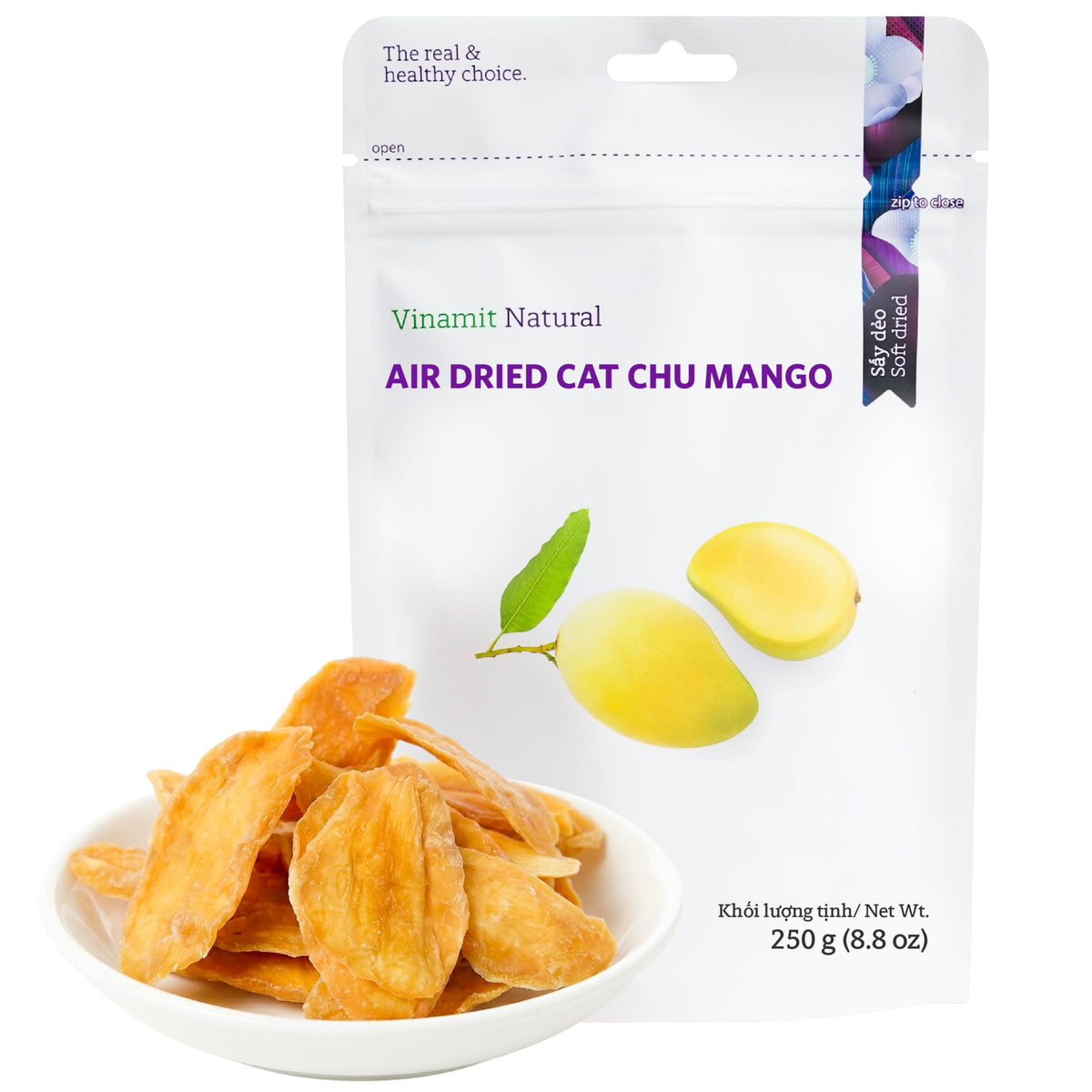 Vinamit soft-dried mango slices packaging closeup; premium Cat Chu mango quality.