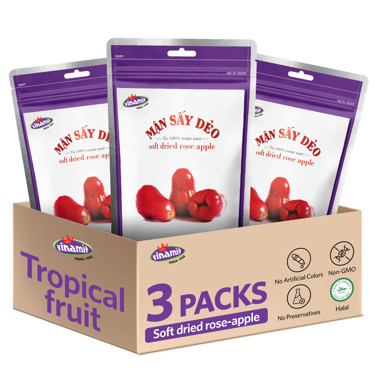 Vinamit soft-dried rose-apple slices, chewy texture ideal for on-the-go snacking and everyday pleasure.