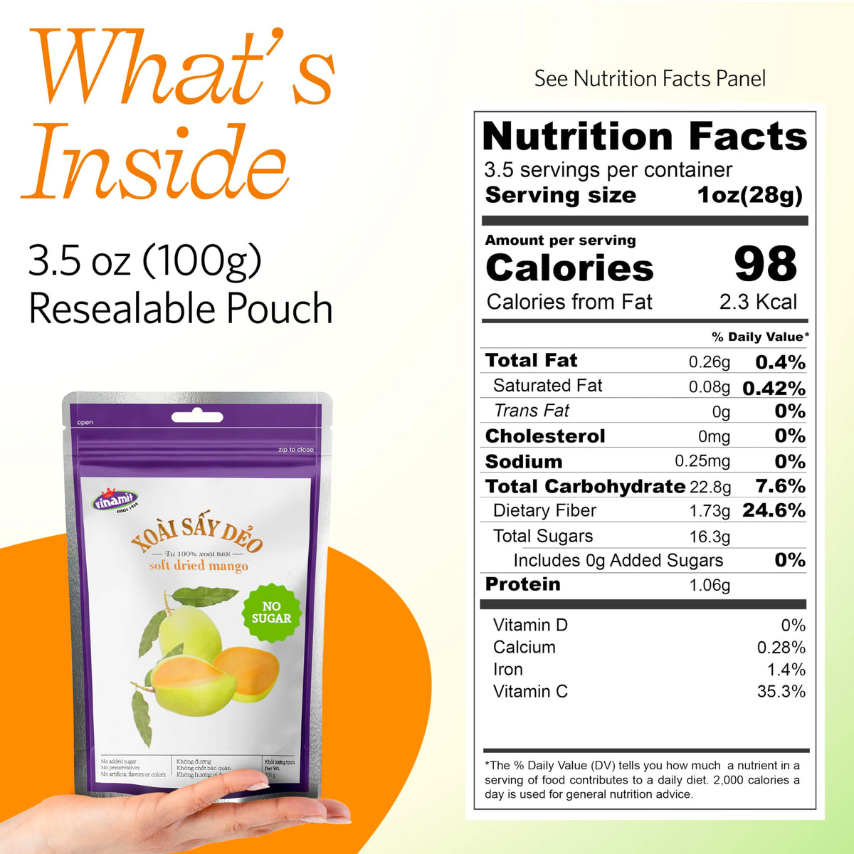 Vinamit two-ingredient mango slices highlight pure ingredients and clean snacking.