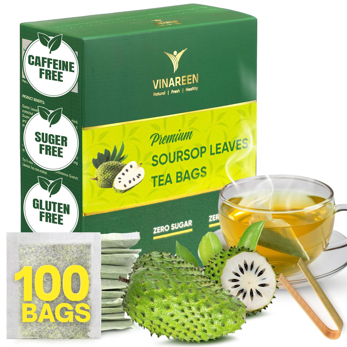 VINAREEN Soursop Leaves Tea bag ready for a warm, caffeine-free ritual