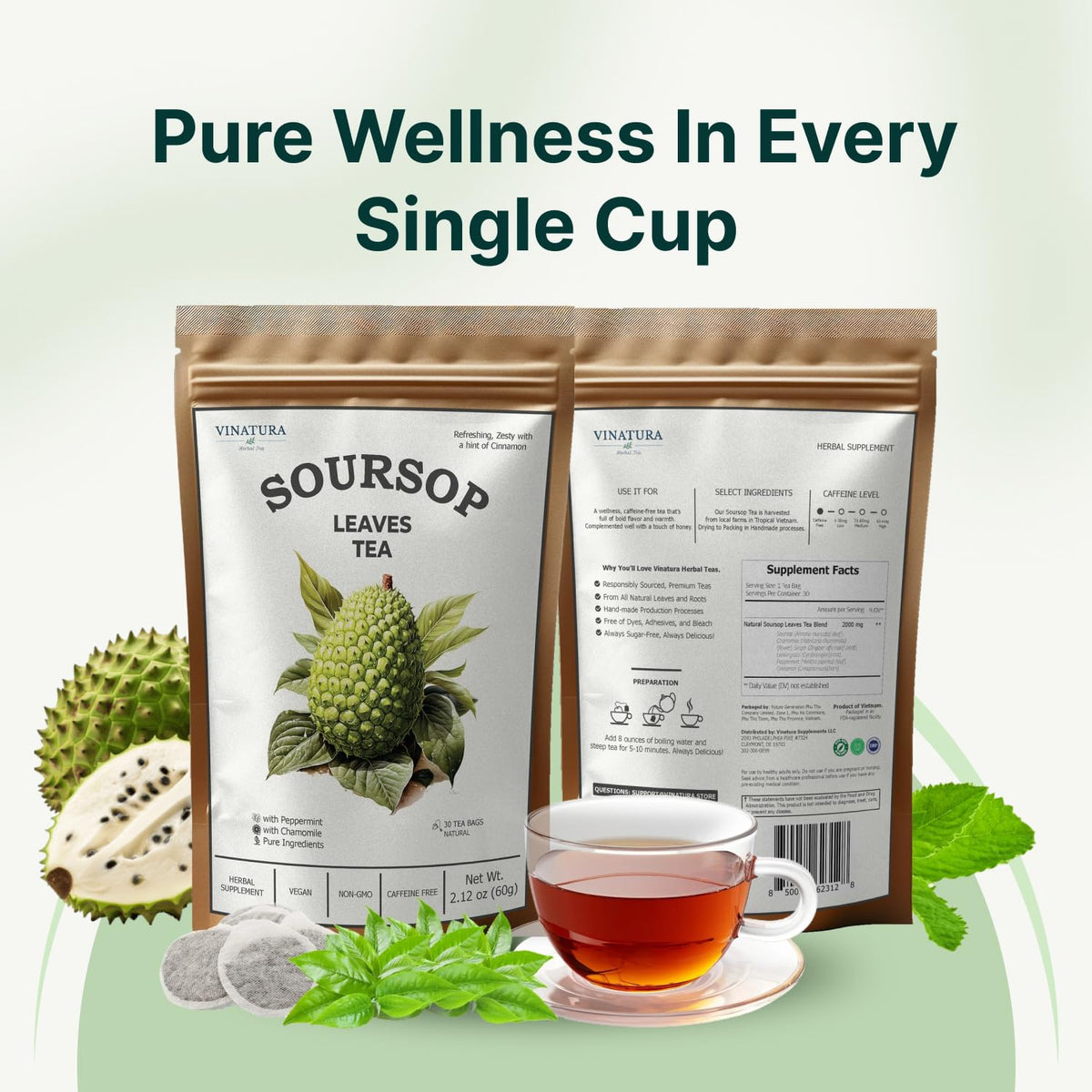 VINATURA Soursop Tea Bags label detail featuring 30-count and brand identity.