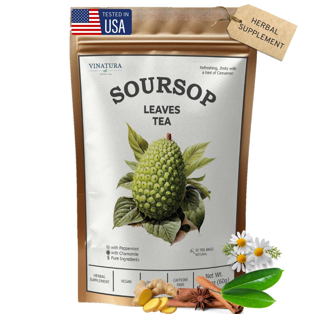 VINATURA Soursop Tea Bags close-up of blended ingredients: Graviola, peppermint, chamomile, cinnamon for a refreshing ritual.