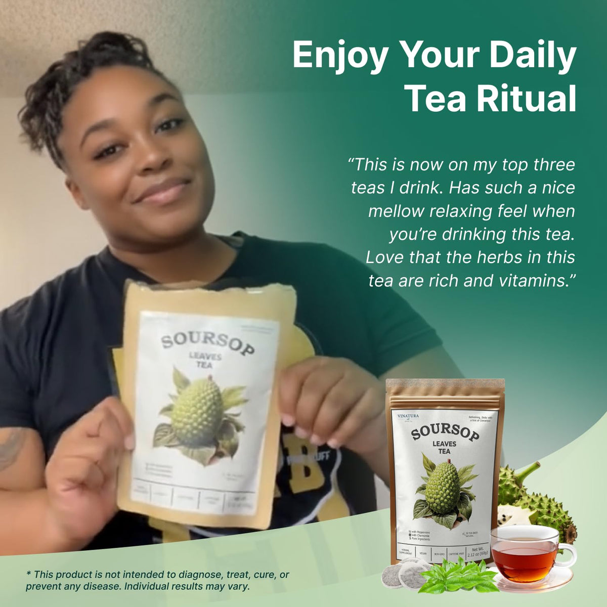 VINATURA Soursop Tea Bags poured into cup with steam and bright hues.