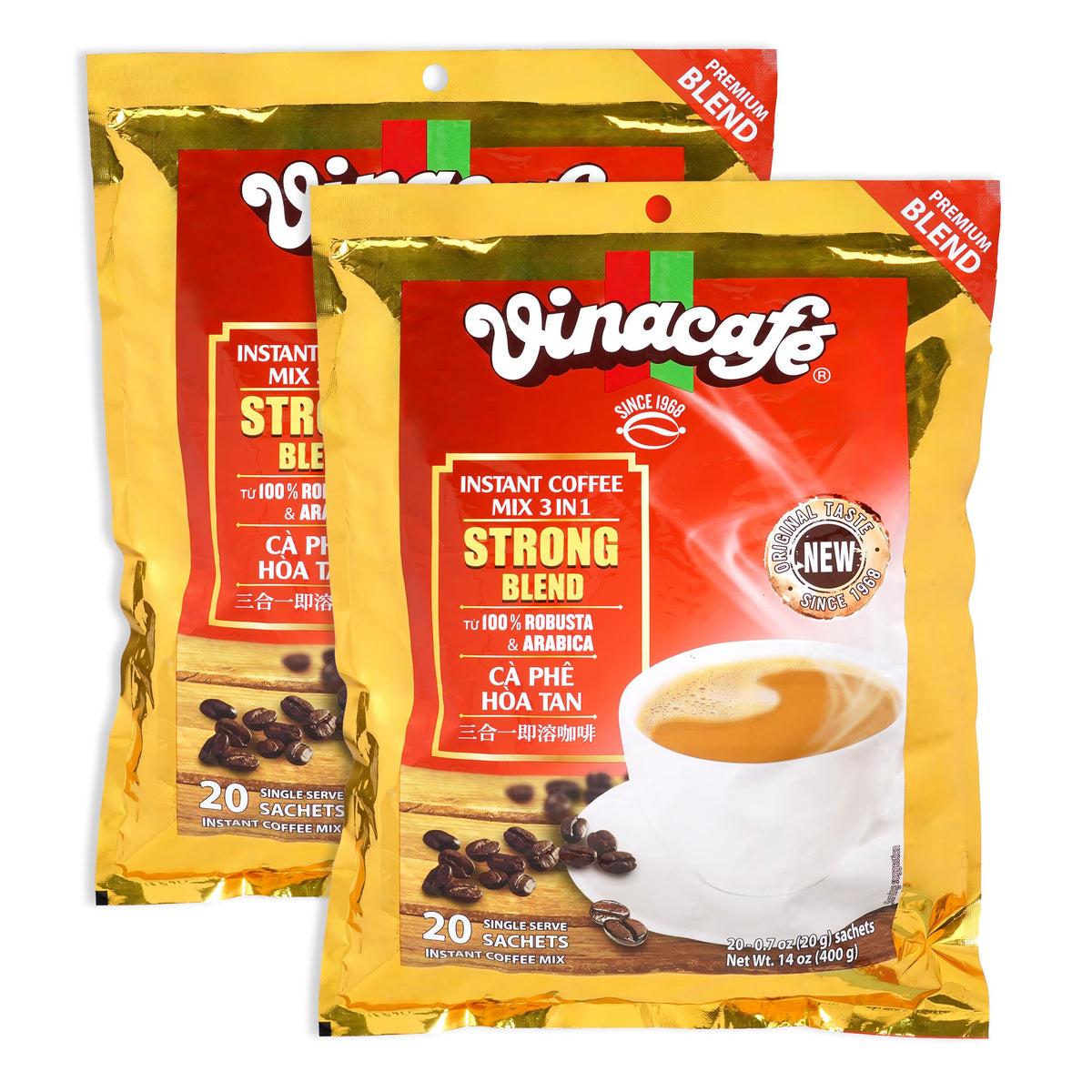 Vinacafe Gold Red Strong sachets pack for quick, convenient 3-in-1 coffee.