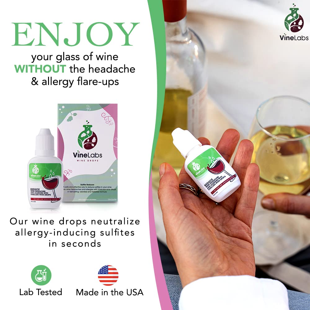 VineLabs sulfite remover drops beside a bottle and a poured wine glass.