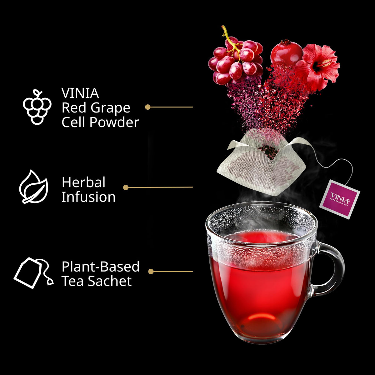 VINIA Cranberry Hibiscus packaging highlights organic ingredients and sustainability.