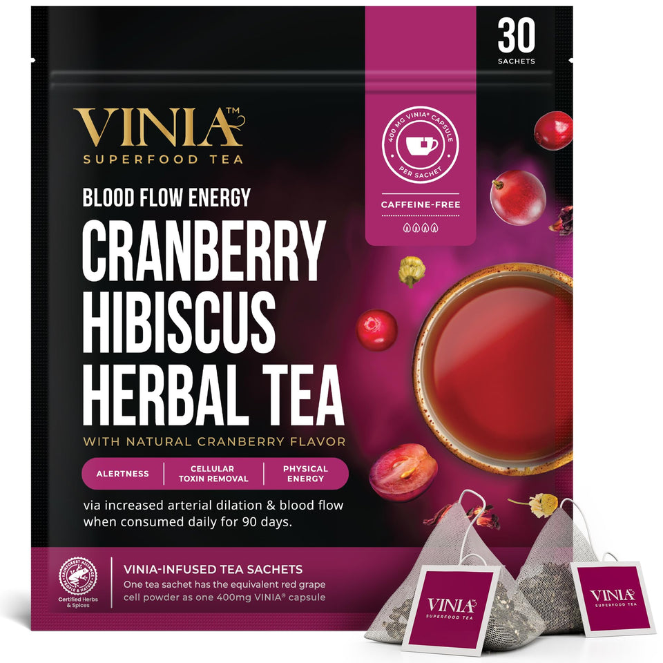 VINIA Cranberry Hibiscus tea bags for daily ritual and refreshment.
