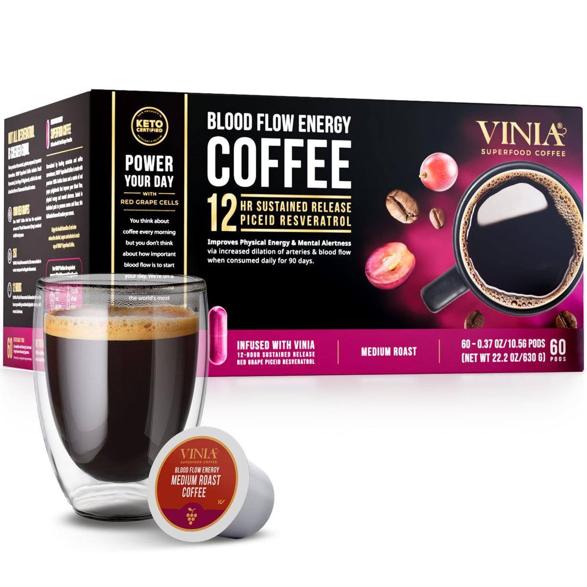 VINIA medium-dark roast pod pack highlighting bold taste and morning focus