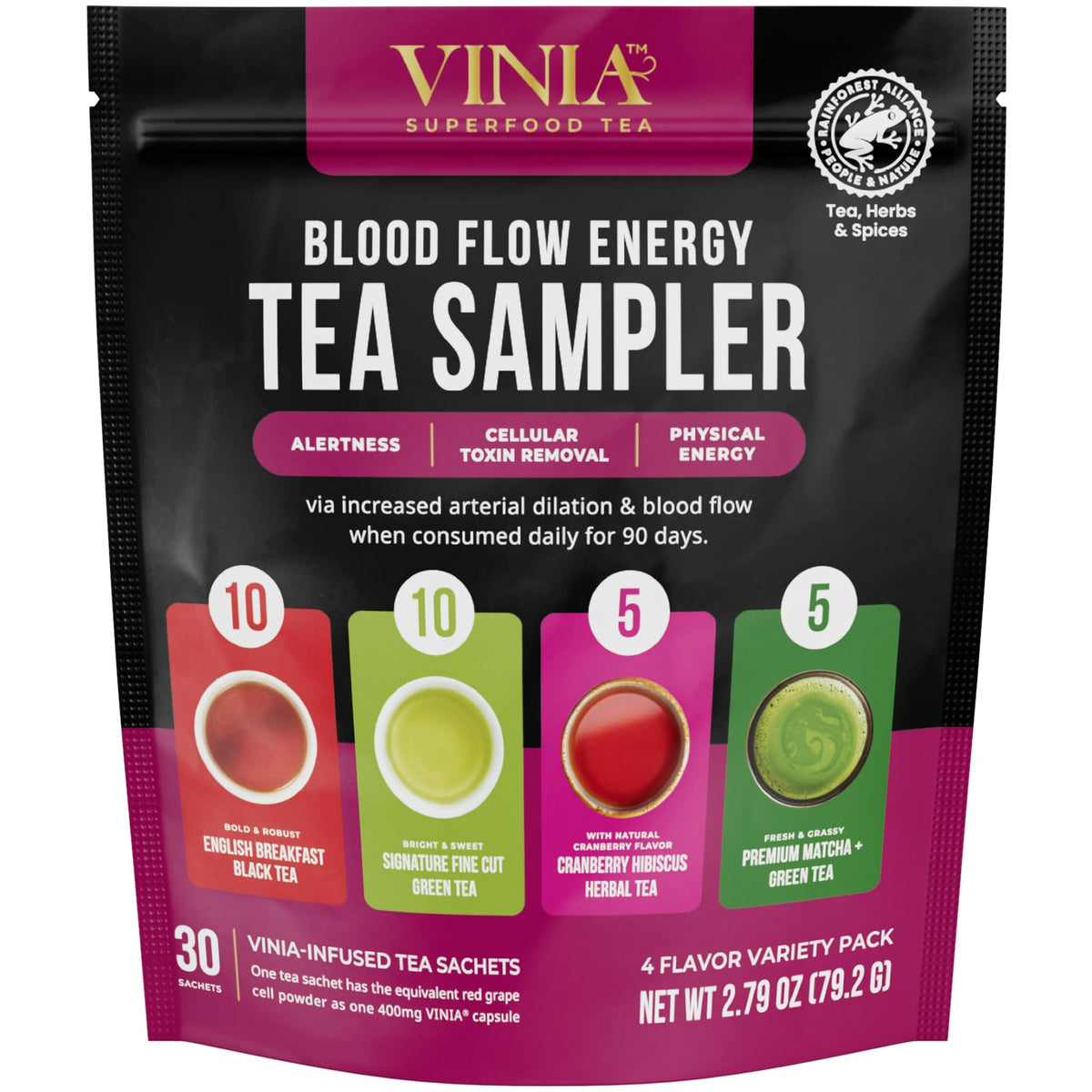 VINIA tea sachets steaming in cup suggest fast, refreshing energy