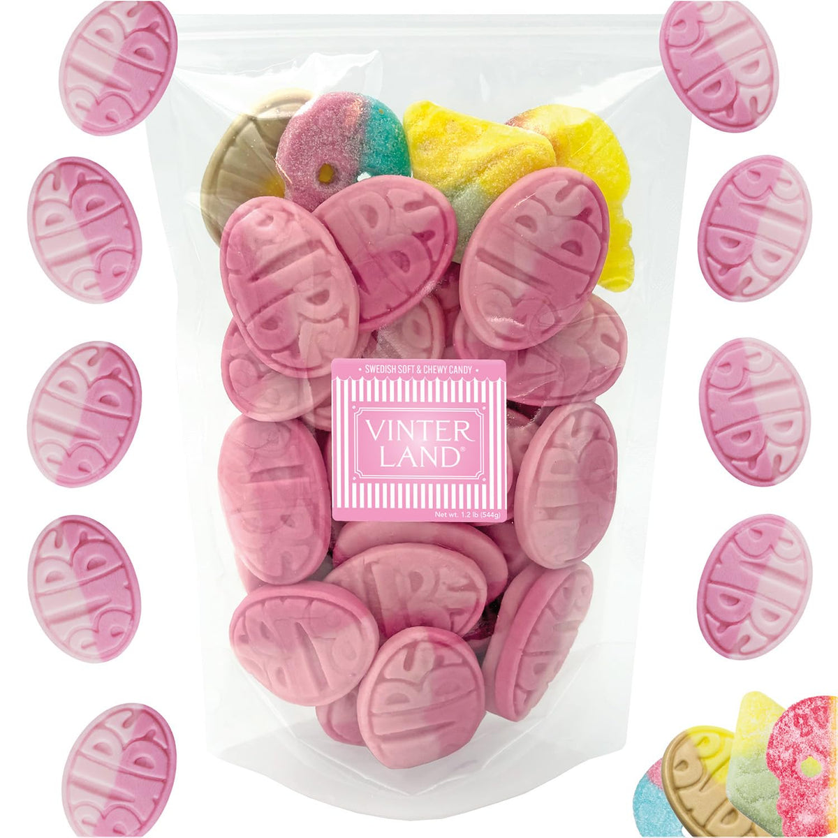 VINTERLAND Bubs Strawberry Pomegranate Oval candy, a fruity snack ideal for sharing and birthday treats.